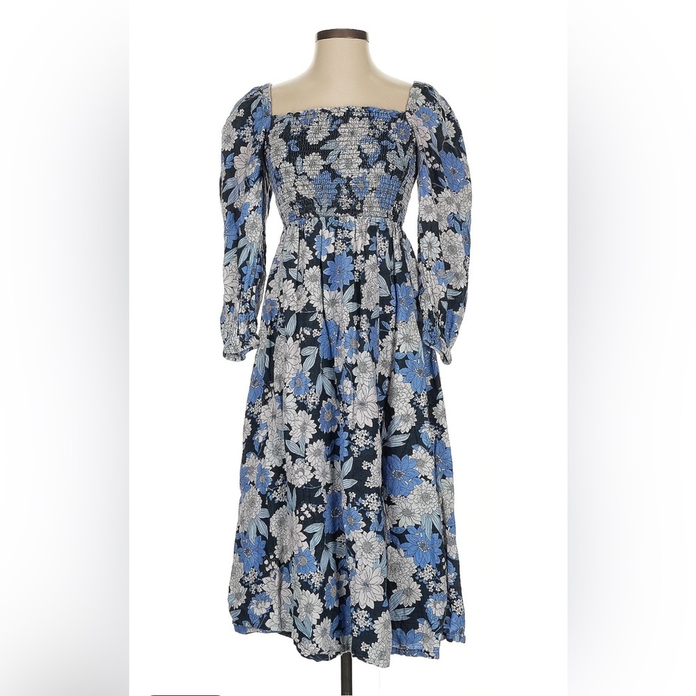 J. Crew Long Sleeve Floral Dress in Blue and White
